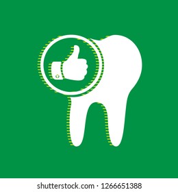 Tooth sign with thumbs up symbol. Vector. White flat icon with yellow striped shadow at green background.