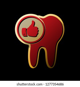 Tooth sign with thumbs up symbol. Vector. Red icon with small black and limitless shadows at golden sticker on black background.