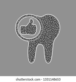 Tooth sign with thumbs up symbol. Vector. Black maze filled icon with white border at gray background.