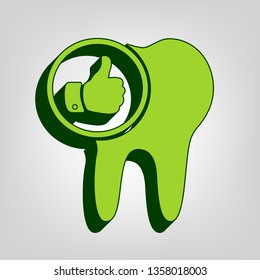 Tooth sign with thumbs up symbol. Vector. Yellow green solid icon with dark green external body at light colored background.