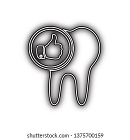 Tooth sign with thumbs up symbol. Vector. Double contour black icon with soft shadow at white background. Isolated.