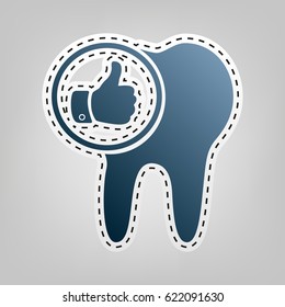 Tooth sign with thumbs up symbol. Vector. Blue icon with outline for cutting out at gray background.