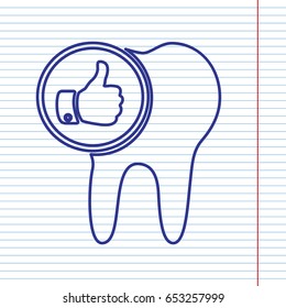 Tooth sign with thumbs up symbol. Vector. Navy line icon on notebook paper as background with red line for field.