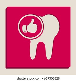Tooth sign with thumbs up symbol. Vector. Grayscale version of Popart-style icon.