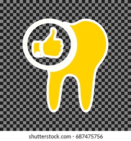 Tooth sign with thumbs up symbol. Vector. Yellow icon with white contour on dark transparent background.