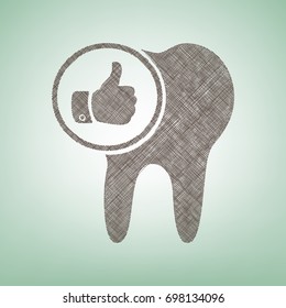 Tooth sign with thumbs up symbol. Vector. Brown flax icon on green background with light spot at the center.