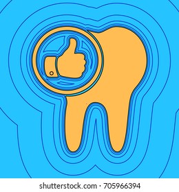 Tooth sign with thumbs up symbol. Vector. Sand color icon with black contour and equidistant blue contours like field at sky blue background. Like waves on map - island in ocean or sea.