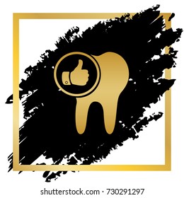 Tooth sign with thumbs up symbol. Vector. Golden icon at black spot inside golden frame on white background.