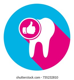 Tooth sign with thumbs up symbol. Vector. Flat white icon with mexican pink shadow inside sky blue(S and G) circle at white background. Isolated. Trend colors in 2017.