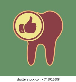 Tooth sign with thumbs up symbol. Vector. Cordovan icon and mellow apricot halo with light khaki filled space at russian green background.