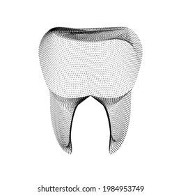 Tooth silhouette consisting of black dots and particles. 3D vector wireframe of a molar dent with a grain texture. Abstract geometric dental icon with dotted structure isolated on a white background