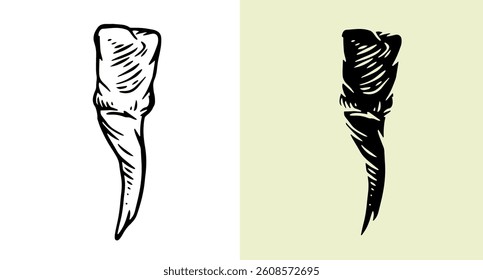 Tooth silhouette in hand drawn style. Set design element for print, tattoo, healthcare in outline and fill version. Vintage vector illustration.