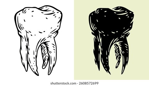 Tooth silhouette in hand drawn style. Set design element for print, tattoo, healthcare in outline and fill version. Vintage vector illustration.