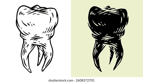 Tooth silhouette in hand drawn style. Set design element for print, tattoo, healthcare in outline and fill version. Vintage vector illustration.