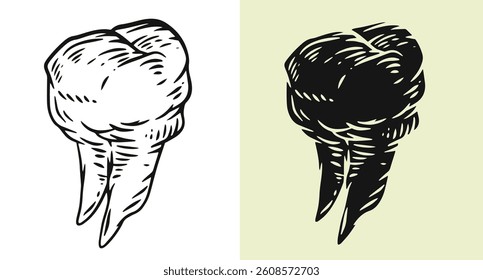 Tooth silhouette in hand drawn style. Set design element for print, tattoo, healthcare in outline and fill version. Vintage vector illustration.
