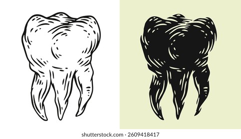 Tooth silhouette in hand drawn style. Set design element for print, tattoo, healthcare in outline and fill version. Vintage vector illustration.
