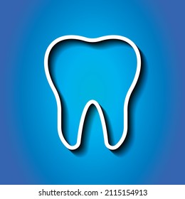 Tooth simple icon. Flat desing. White icon with shadow on blue background.ai