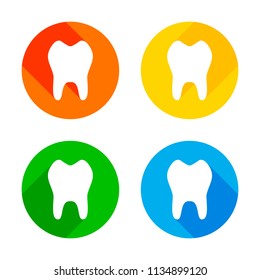 tooth. simple icon. Flat white icon on colored circles background. Four different long shadows in each corners