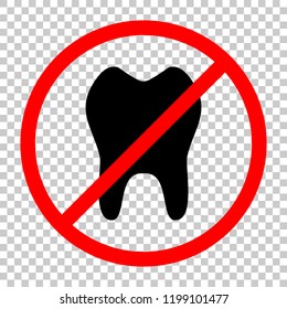 tooth. simple icon. Not allowed, black object in red warning sign with transparent background