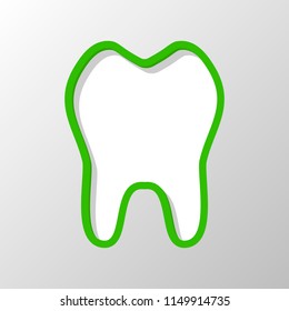 tooth. simple icon. Paper style. Cut symbol with green bold contour on shape and simple shadow