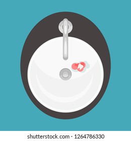 Tooth in the sink. Lost tooth in the washstand. Baby milk tooth. Fallen out bad tooth. Vector illustration.