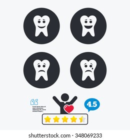 Tooth smile face icons. Happy, sad, cry signs. Happy smiley chat symbol. Sadness depression and crying signs. Star vote ranking. Client like and think bubble. Quotes with message.