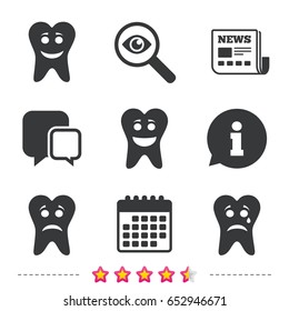Tooth smile face icons. Happy, sad, cry signs. Happy smiley chat symbol. Sadness depression and crying signs. Newspaper, information and calendar icons. Investigate magnifier, chat symbol. Vector