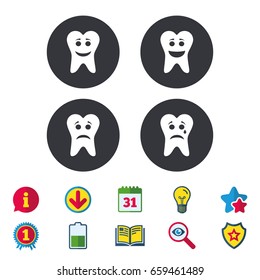 Tooth smile face icons. Happy, sad, cry signs. Happy smiley chat symbol. Sadness depression and crying signs. Calendar, Information and Download signs. Stars, Award and Book icons. Vector