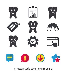 Tooth smile face icons. Happy, sad, cry signs. Happy smiley chat symbol. Sadness depression and crying signs. Browser window, Report and Service signs. Binoculars, Information and Download icons