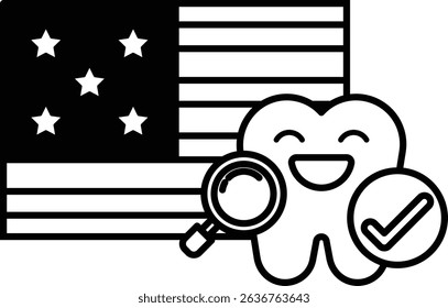 A tooth is smiling and looking at a flag with stars. The flag is in the background and the tooth is in the foreground