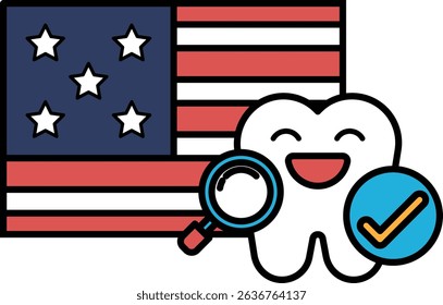A tooth is smiling and looking at a picture of the American flag. The flag is in the background and the tooth is in the foreground