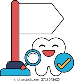 Un diente está sonriendo y mirando un letrero que dice "Revisar". El signo está apuntando al diente, lo que indica que es importante verificar la salud del diente