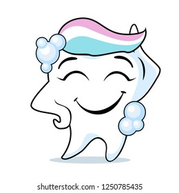 Tooth smiling with toothpaste on the head, vector illustration for dentistry on the subject of clean healthy teeth. International Day of dentist.