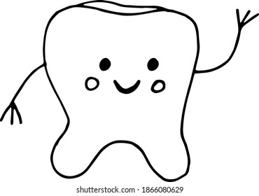 sonrisa dental y saludando el icono de la mano, pegatina, afiche. boceto dibujado doodle. minimalismo monocromático vectorial. carácter lindo, dental, de salud.