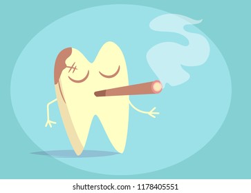 Tooth, Smoking, yellow Vector. Cartoon. Isolated art 