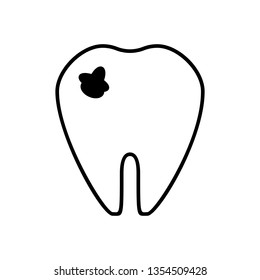 tooth spoiled icon. vector contour black and white illustration. 