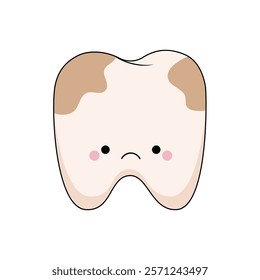 A tooth with spots on the enamel. A kawaii character for pediatric dentistry. The concept of oral hygiene and care