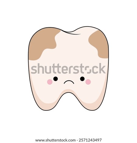 A tooth with spots on the enamel. A kawaii character for pediatric dentistry. The concept of oral hygiene and care