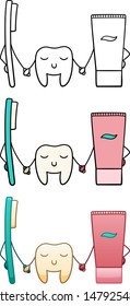 A tooth stands between toothbrush and toothpaste and holds hands with them on a white background in vector. Flat style, line style.