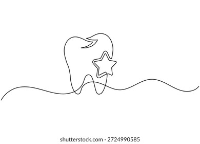 Tooth with star one line art for dental care and shining healthy smile minimalism illustration