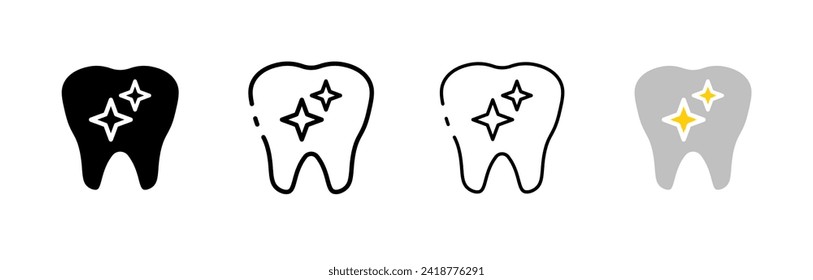 Tooth with stars icon set. Stars in a tooth. Silhouette, linear and flat style. Vector icons.