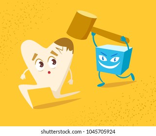 Tooth and sugar. Vector. Cartoon. Isolated art. Flat