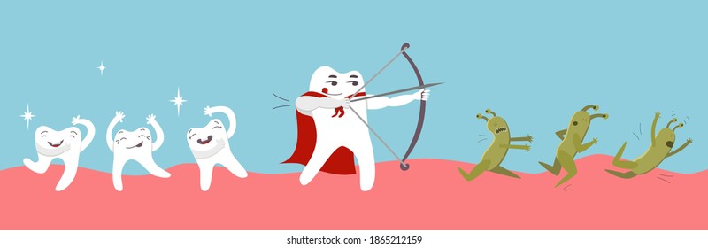 The tooth superhero with a bow and toothpick protects his teeth