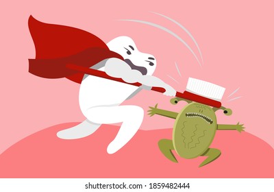 The tooth superhero in red cloak hits bacterium of dental caries to the head with a toothbrush. Hygiene defeats the disease