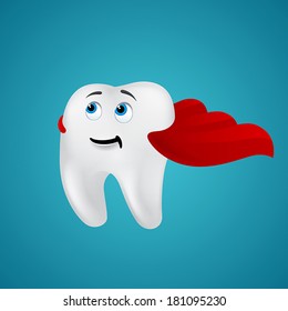 tooth superhero with red cloak on blue background