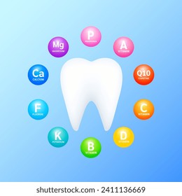 Tooth surrounded by Minerals calcium potassium and vitamins coenzyme Q10. Nutrients necessary for teeth prevents tooth decay and gingivitis. Oral treatment. Health care dentist concepts. Vector.