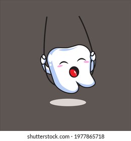 tooth swinging on a swing. vector concept illustration of dental care. flat design linear icon.