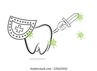 Tooth with sword and shield fighting with oral bacteria