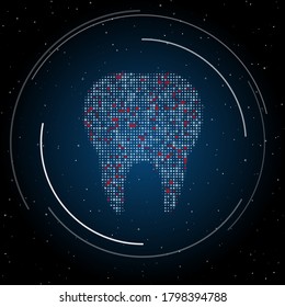 The tooth symbol filled with white dots. Some dots is red. Vector illustration on blue background with stars