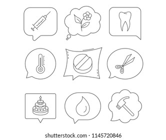 Tooth, syringe and tablet icons. Flower, water drop and cake linear signs. Hammer, scissors and thermometer flat line icons. Linear Speech bubbles with icons set. Comic chat balloon. Vector
